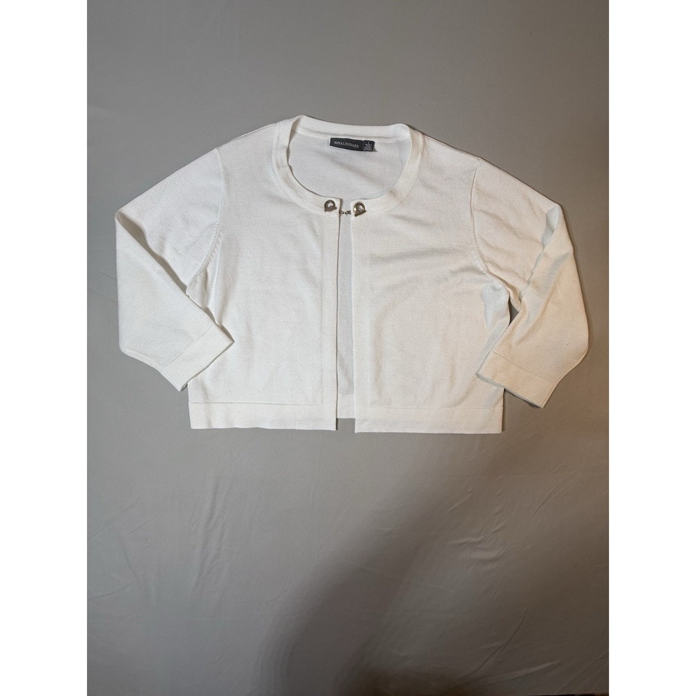 Women's White Cardigan Sweater Nina Leonard Size L Long Sleeve